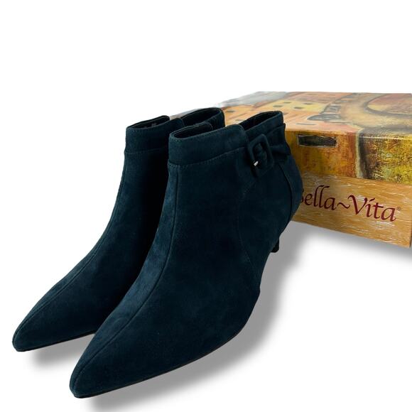 NEW Bella Vita Blue Suede Kitten Heels Size 8W Wide Buckle Pointed Toe Booties - Picture 8 of 13
